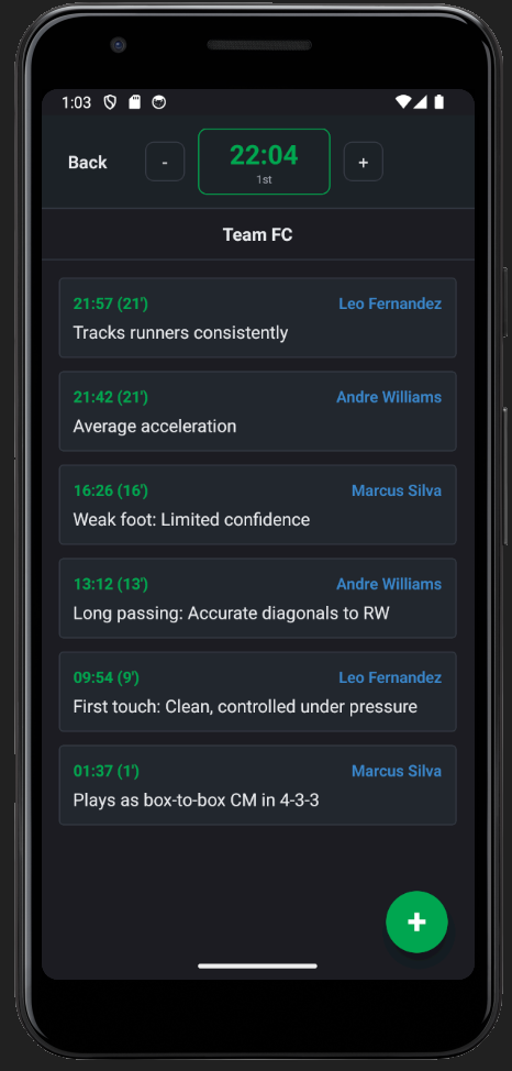 xAssist scouting mode with timestamped notes and match event timeline