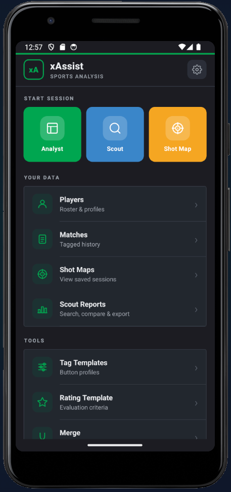 xAssist live match tagging interface with event buttons and timer