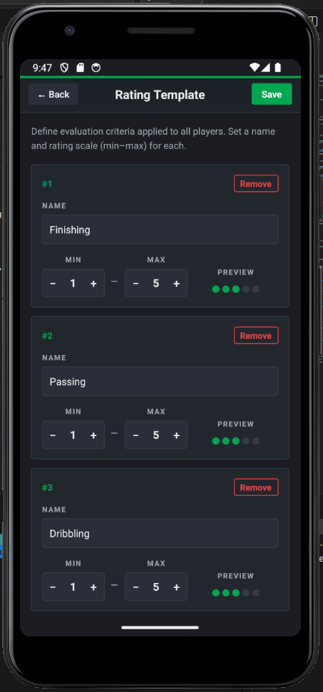 xAssist player rating interface with custom evaluation criteria and visual dot-scale display