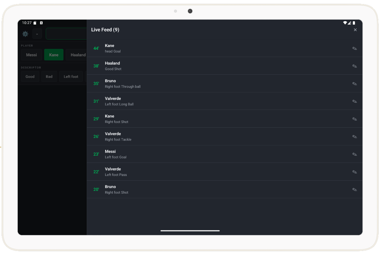 xAssist live feed panel listing tagged events by minute and player